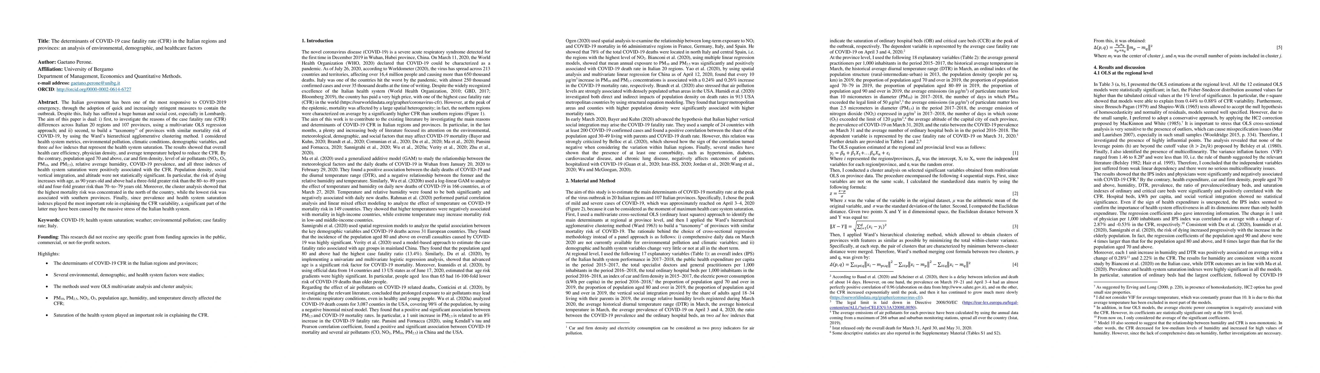 Thumbnail for The determinants of COVID-19 case fatality rate (CFR) in the Italian
  regions and provinces: an analysis of environmental, demographic, and
  healthcare factors