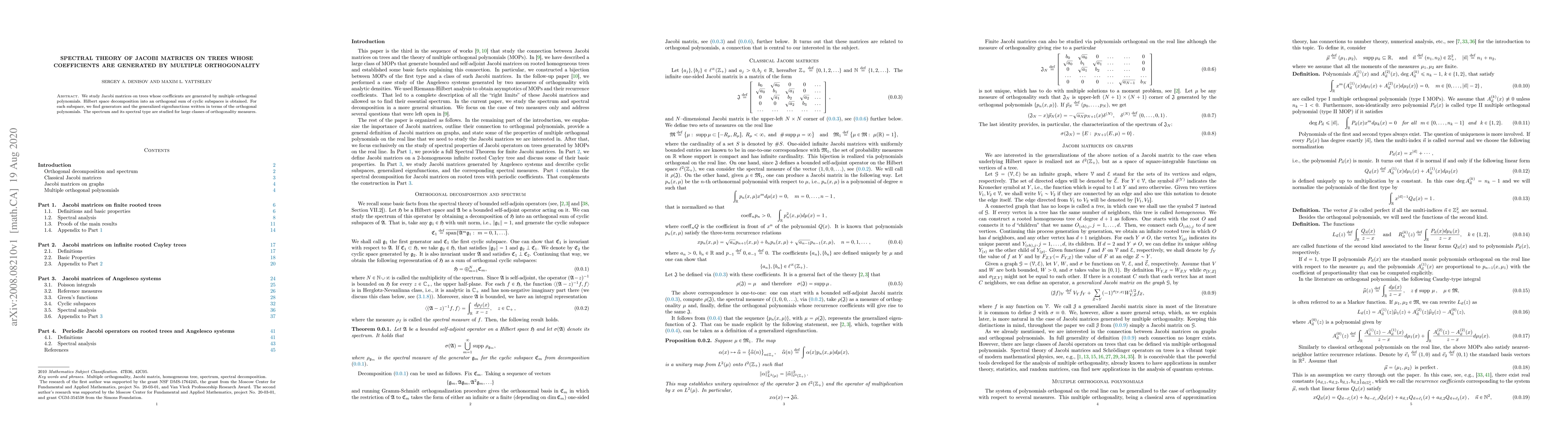Thumbnail for Spectral theory of Jacobi matrices on trees whose coefficients are
  generated by multiple orthogonality