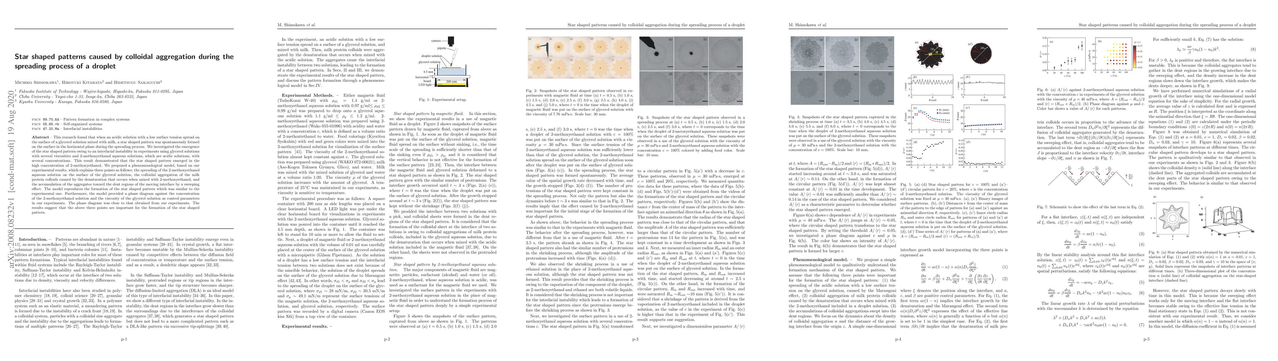 Thumbnail for Star shaped patterns caused by colloidal aggregation during the
  spreading process of a droplet