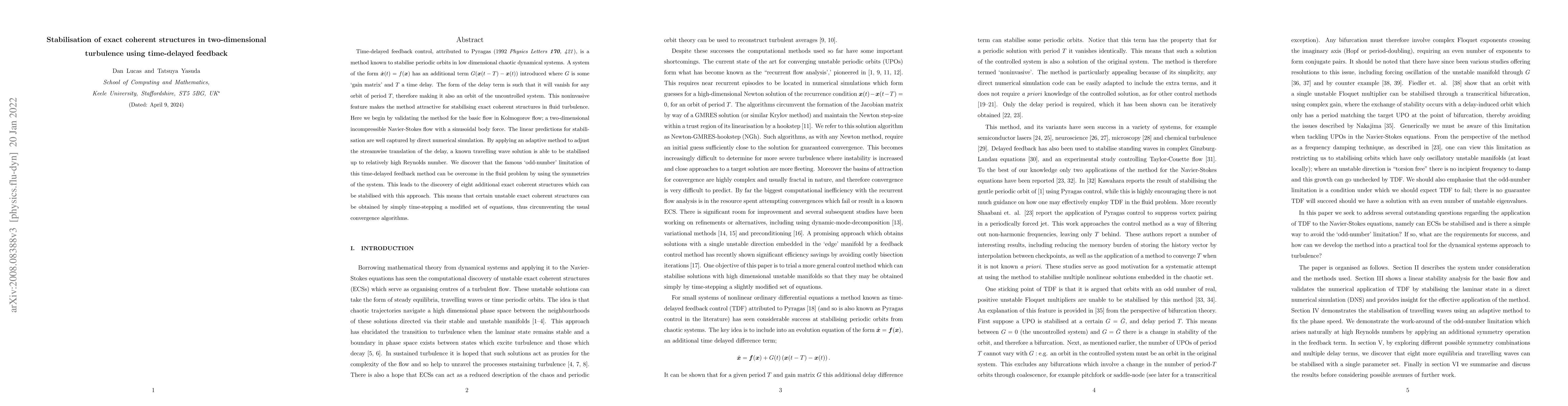 Thumbnail for Stabilisation of exact coherent structures in two-dimensional turbulence
  using time-delayed feedback