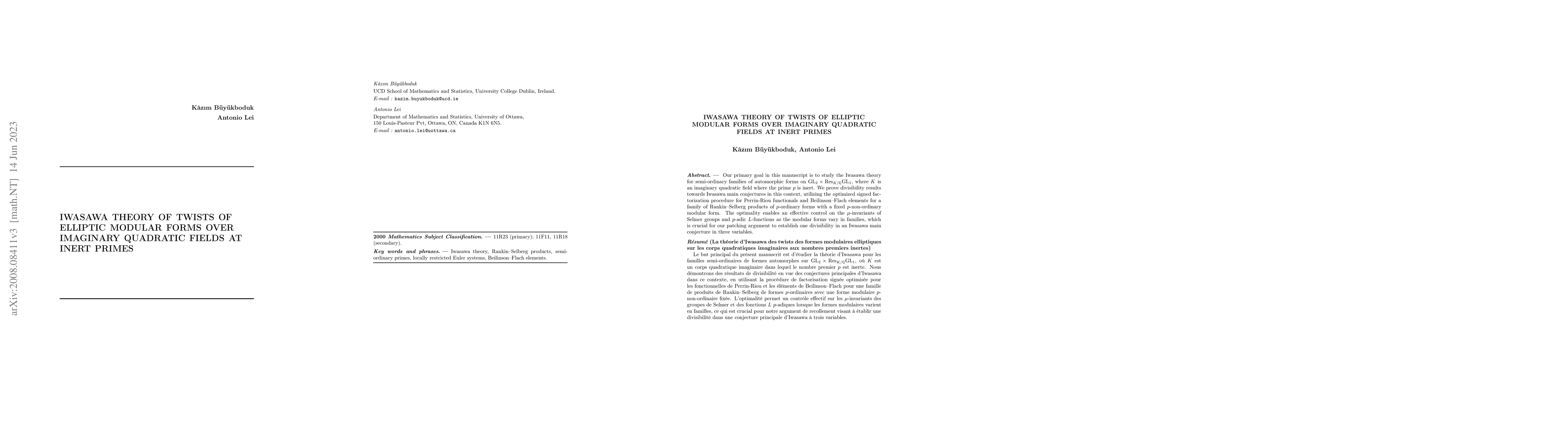 Thumbnail for Iwasawa theory of twists of elliptic modular forms over imaginary
  quadratic fields at inert primes