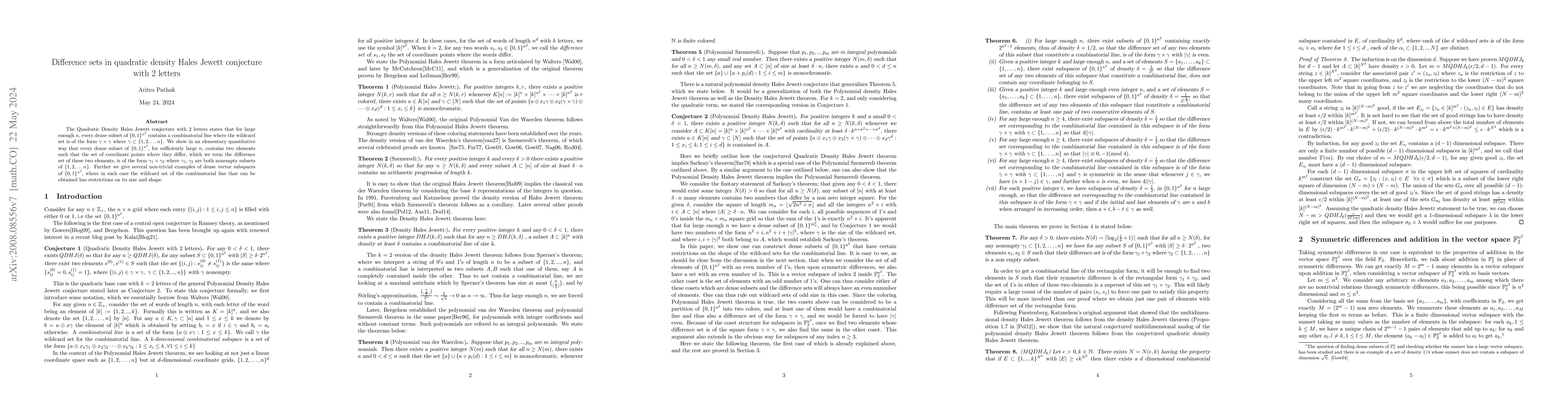 Thumbnail for Difference sets in Quadratic Density Hales Jewett conjecture with 2
  letters