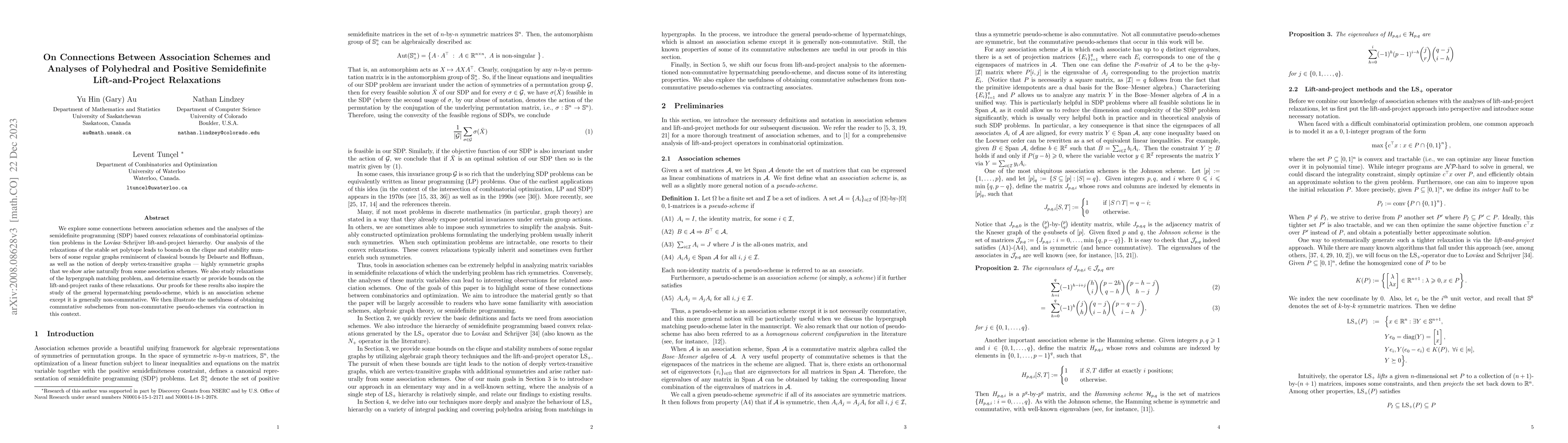 Thumbnail for On Connections Between Association Schemes and Analyses of Polyhedral
  and Positive Semidefinite Lift-and-Project Relaxations