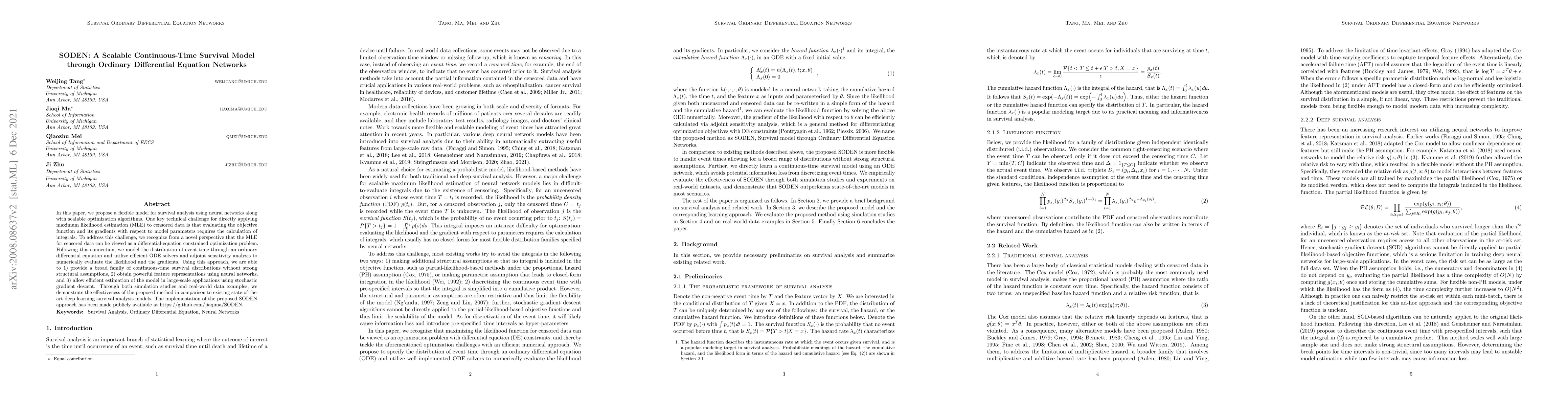 Thumbnail for SODEN: A Scalable Continuous-Time Survival Model through Ordinary
  Differential Equation Networks