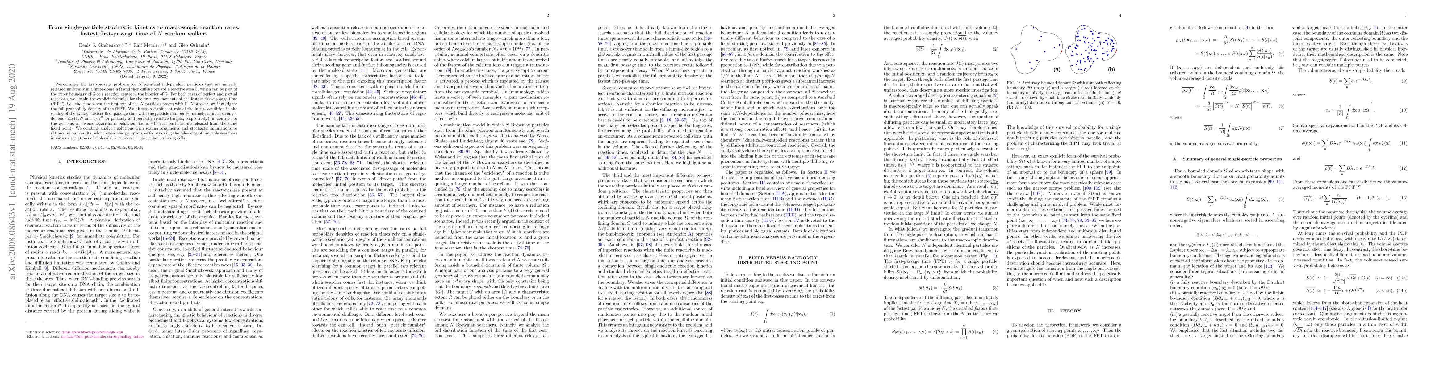 Thumbnail for From single-particle stochastic kinetics to macroscopic reaction rates:
  fastest first-passage time of $N$ random walkers