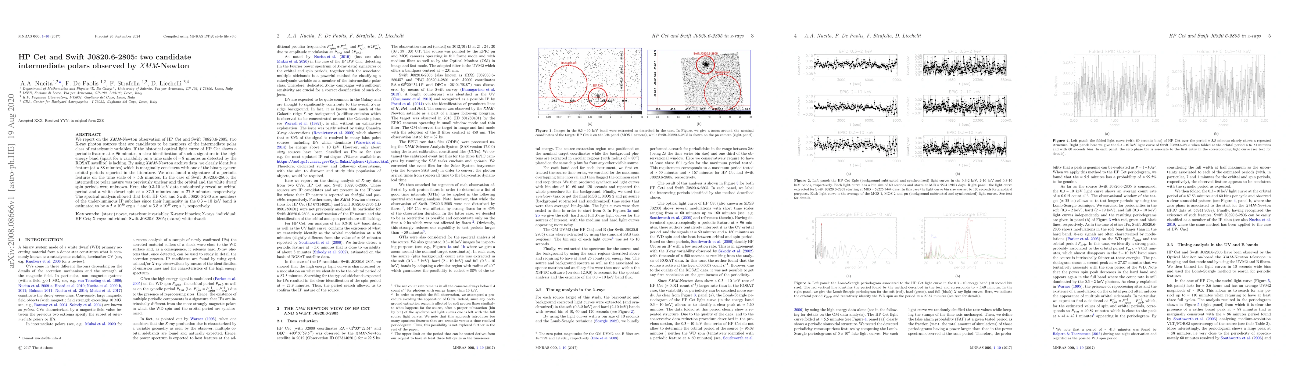 Thumbnail for HP Cet and Swift J0820.6-2805: two candidate intermediate polars
  observed by XMM-Newton
