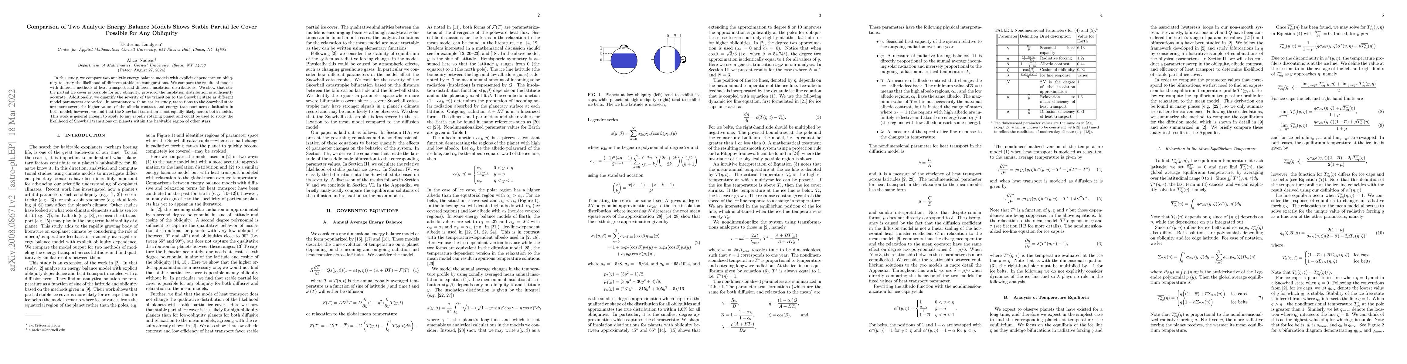 Thumbnail for Comparison of Two Analytic Energy Balance Models Shows Stable Partial
  Ice Cover Possible for Any Obliquity