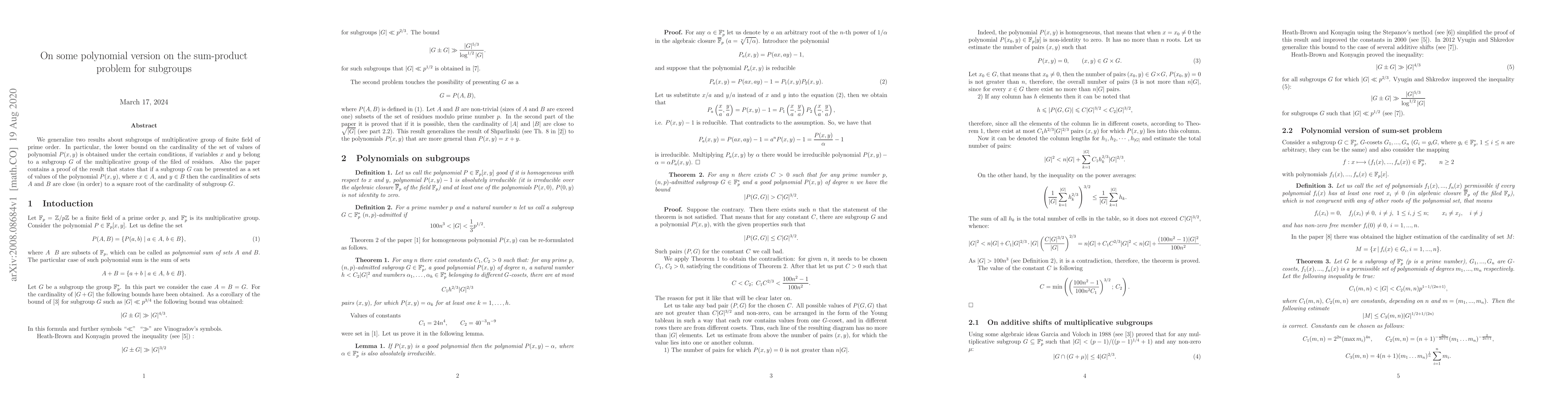 Thumbnail for On some polynomial version on the sum-product problem for subgroups