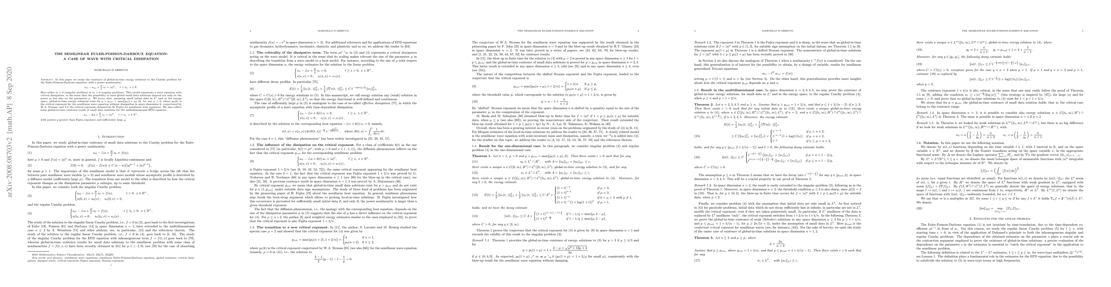 Thumbnail for The semilinear Euler-Poisson-Darboux equation: a case of wave with
  critical dissipation