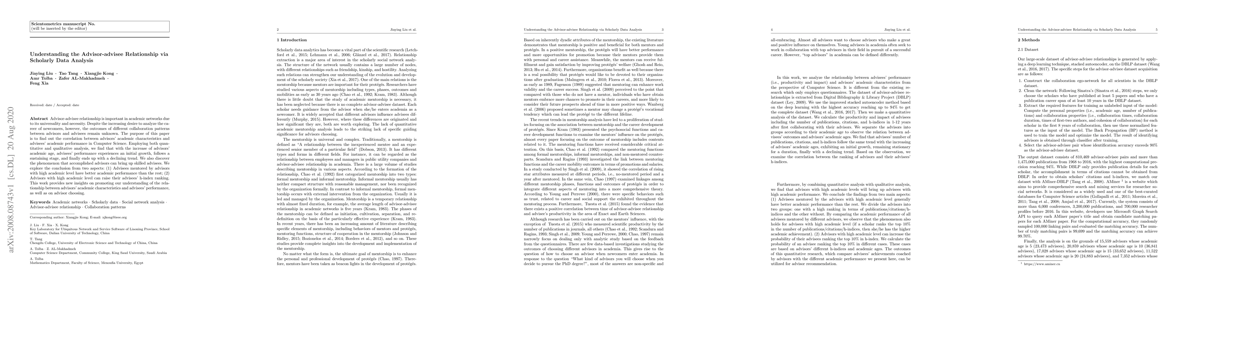 Thumbnail for Understanding the Advisor-advisee Relationship via Scholarly Data
  Analysis