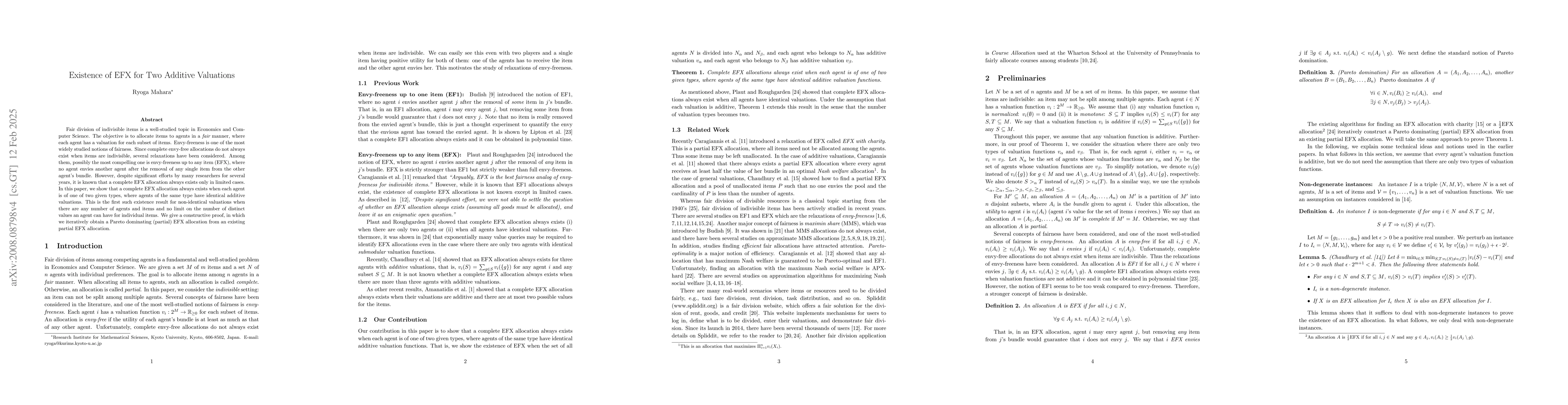 Thumbnail for Existence of EFX for Two Additive Valuations