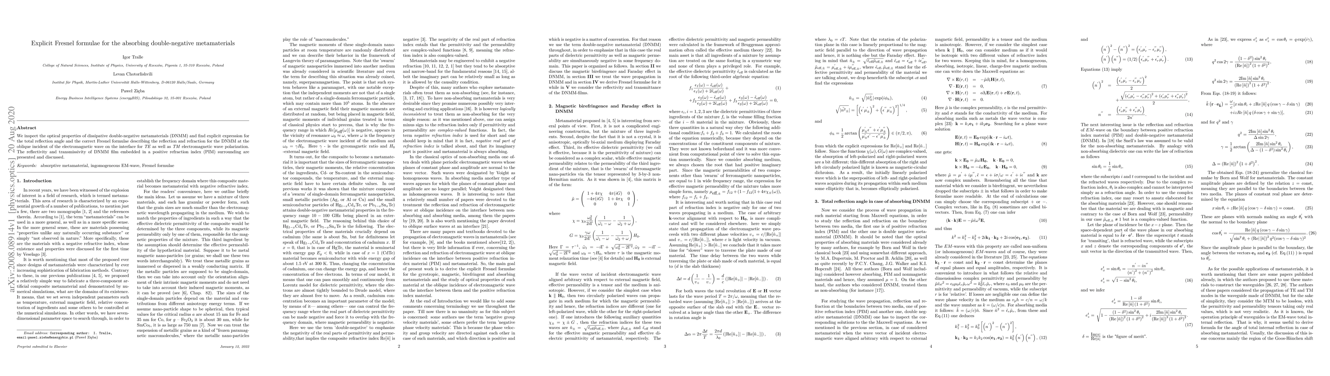 Thumbnail for Explicit Fresnel formulae for the absorbing double-negative
  metamaterials