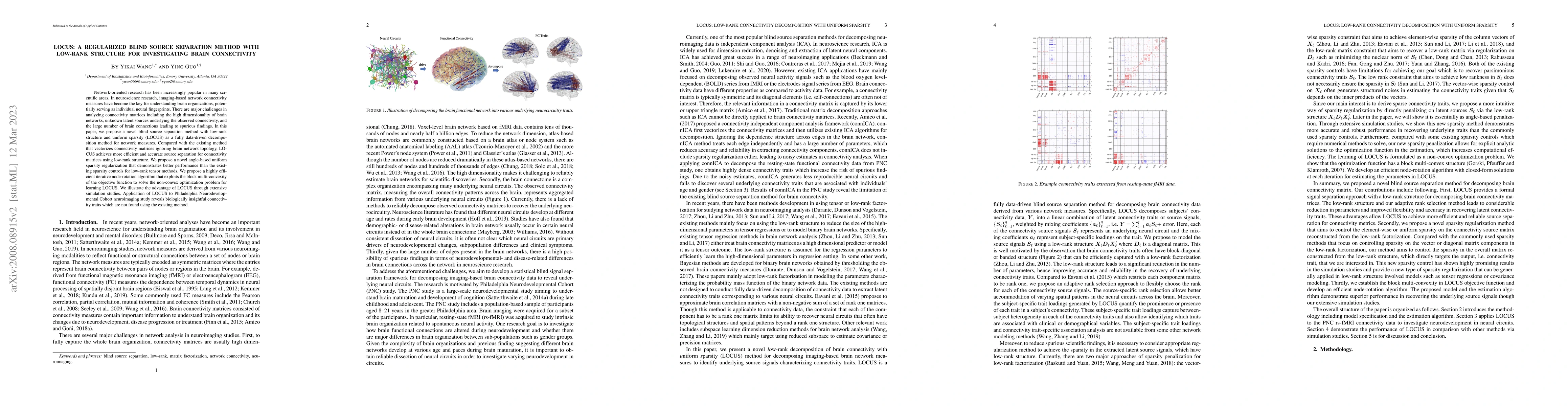 Thumbnail for LOCUS: A Novel Decomposition Method for Brain Network Connectivity
  Matrices using Low-rank Structure with Uniform Sparsity
