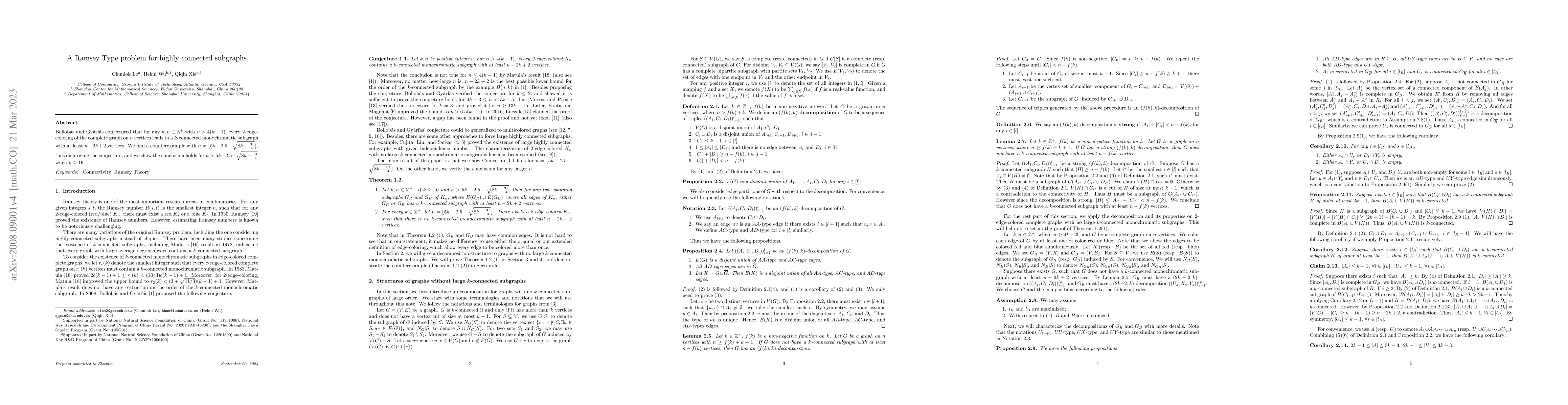 Thumbnail for A Ramsey Type problem for highly connected subgraphs