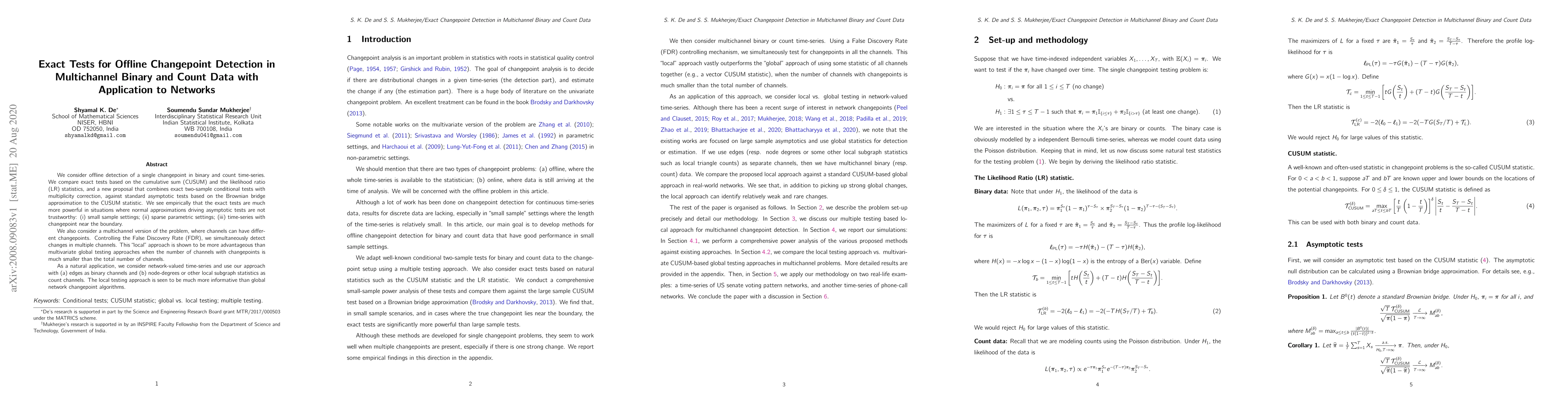 Thumbnail for Exact Tests for Offline Changepoint Detection in Multichannel Binary and
  Count Data with Application to Networks