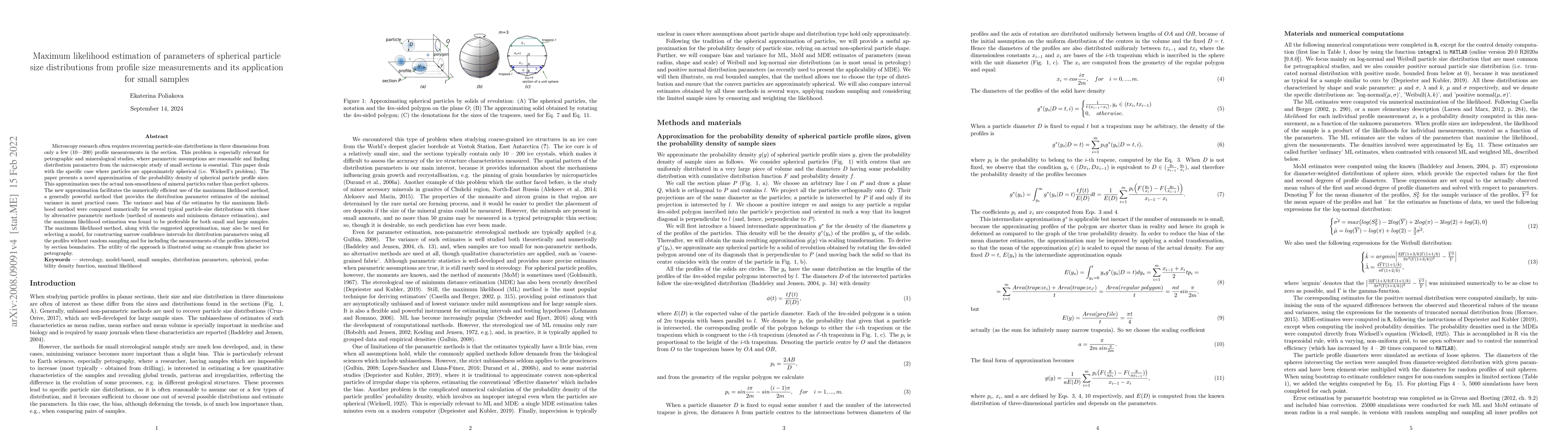 Thumbnail for Maximum likelihood estimation of parameters of spherical particle size
  distributions from profile size measurements and its application for small
  samples