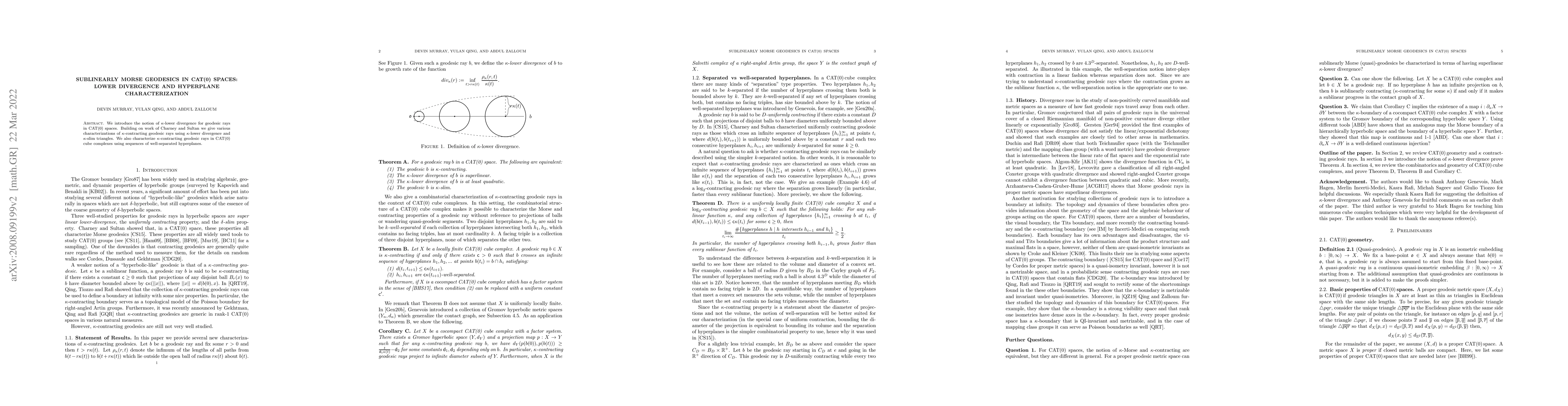 Thumbnail for Sublinearly Morse Geodesics in CAT(0) Spaces: Lower Divergence and
  Hyperplane Characterization