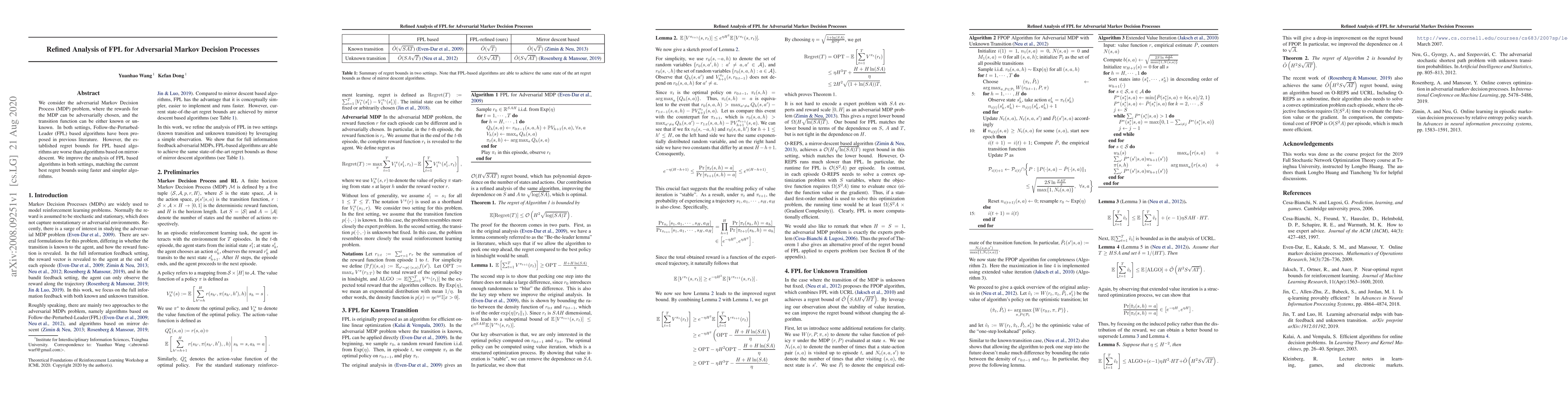 Thumbnail for Refined Analysis of FPL for Adversarial Markov Decision Processes
