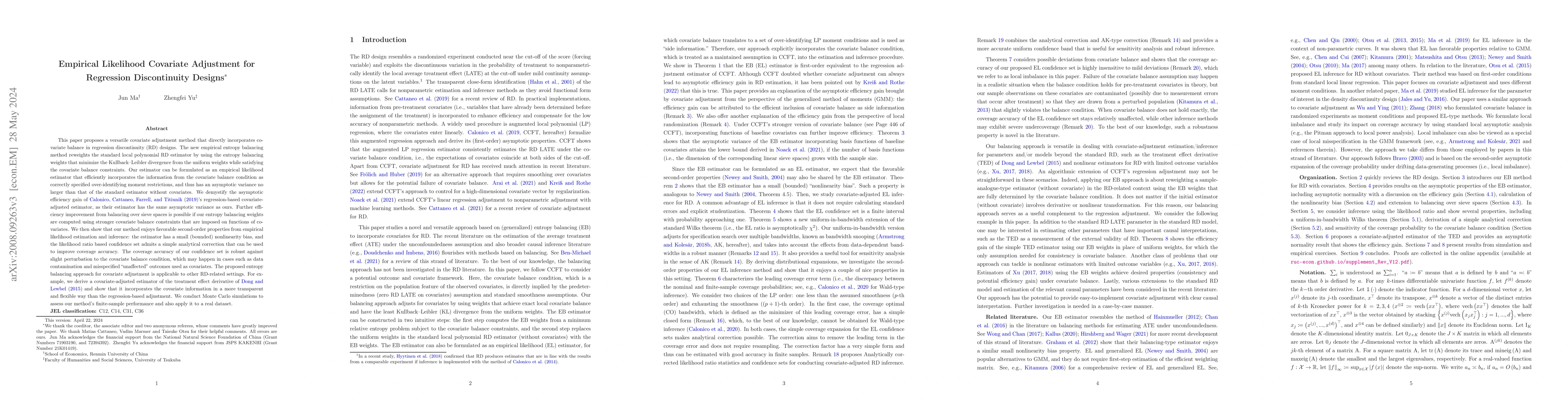 Thumbnail for Empirical Likelihood Covariate Adjustment for Regression Discontinuity
  Designs
