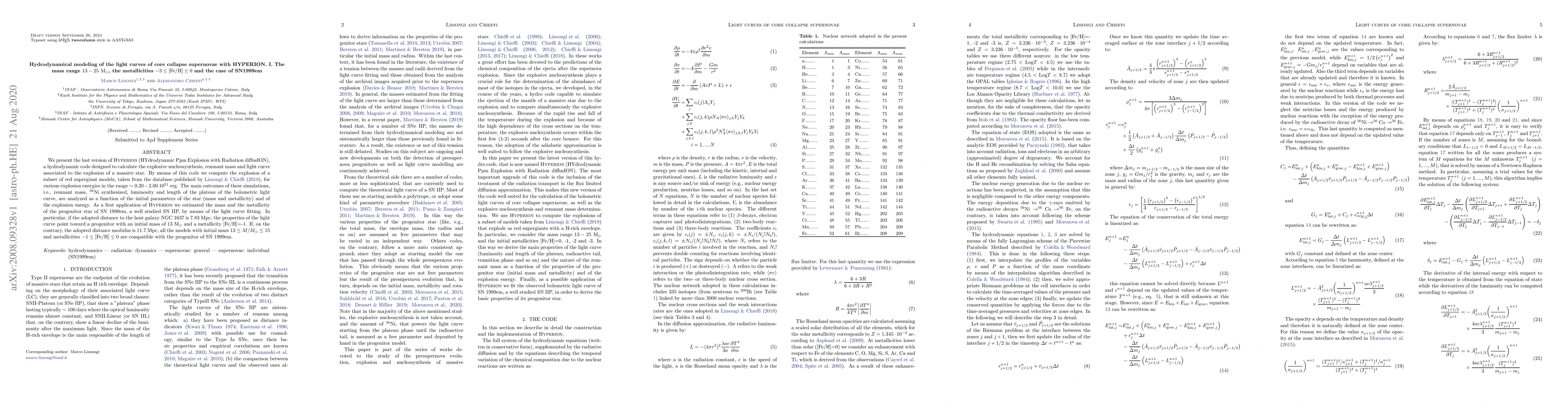 Thumbnail for Hydrodynamical modeling of the light curves of core collapse supernovae
  with HYPERION. I. The mass range 13-25 Msun, the metallicities -3<=[Fe/H]<=0
  and the case of SN1999em