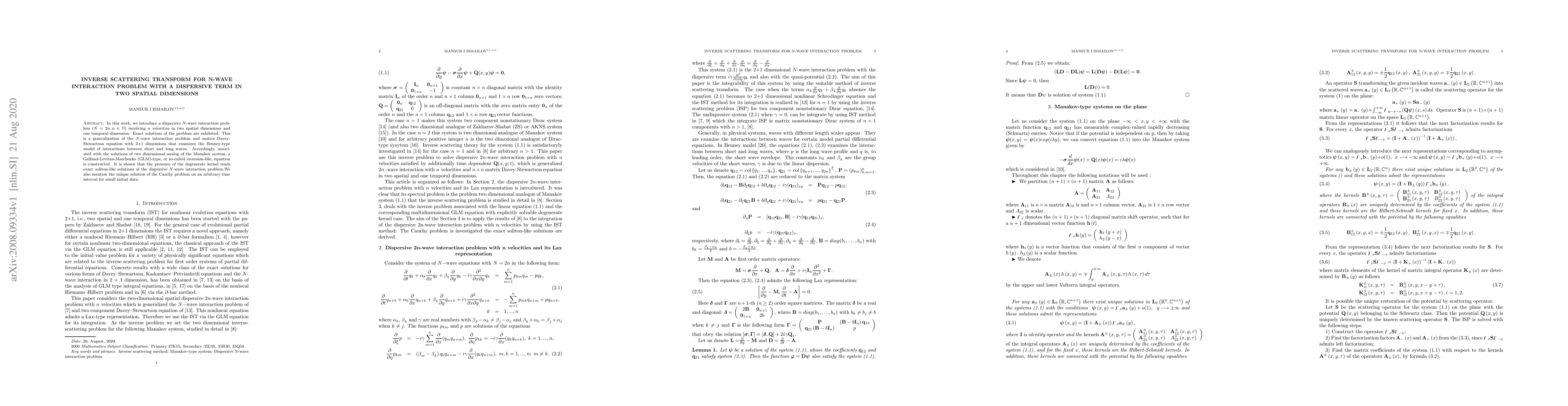 Thumbnail for Inverse scattering transform for N-wave interaction problem with a
  dispersive term in two spatial dimensions