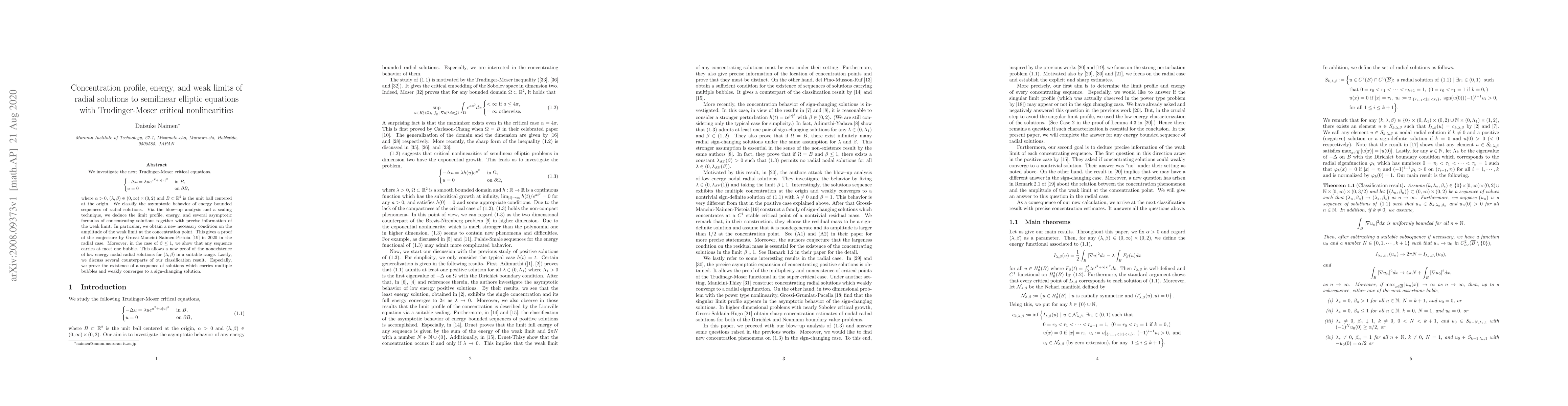 Thumbnail for Concentration profile, energy, and weak limits of radial solutions to
  semilinear elliptic equations with Trudinger-Moser critical nonlinearities