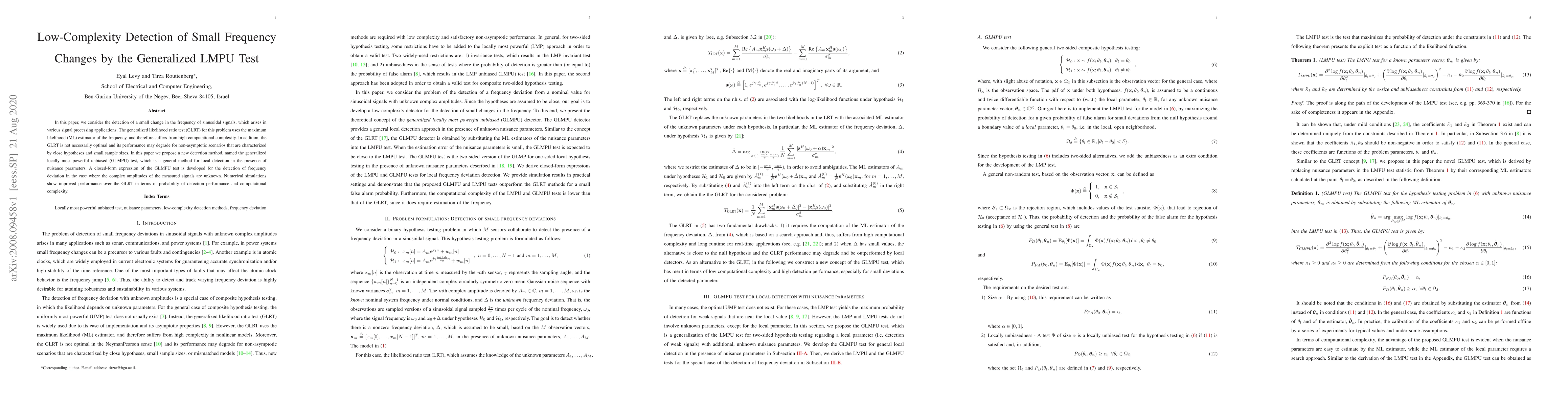 Thumbnail for Low-Complexity Detection of Small Frequency Changes by the Generalized
  LMPU Test