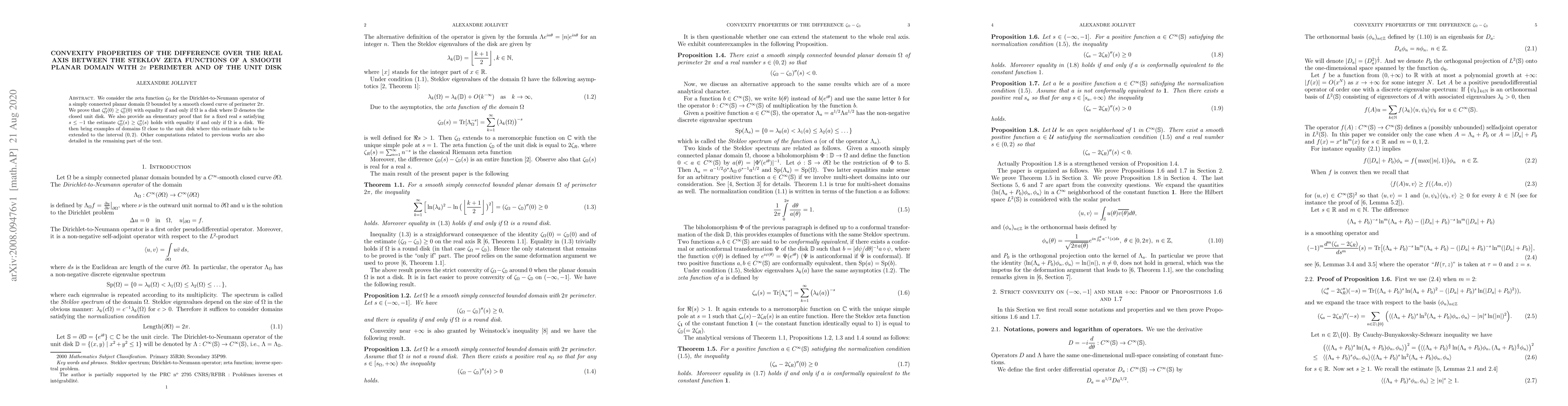 Thumbnail for Convexity properties of the difference over the real axis between the
  Steklov zeta functions of a smooth planar domain with $2\pi$ perimeter and of
  the unit disk