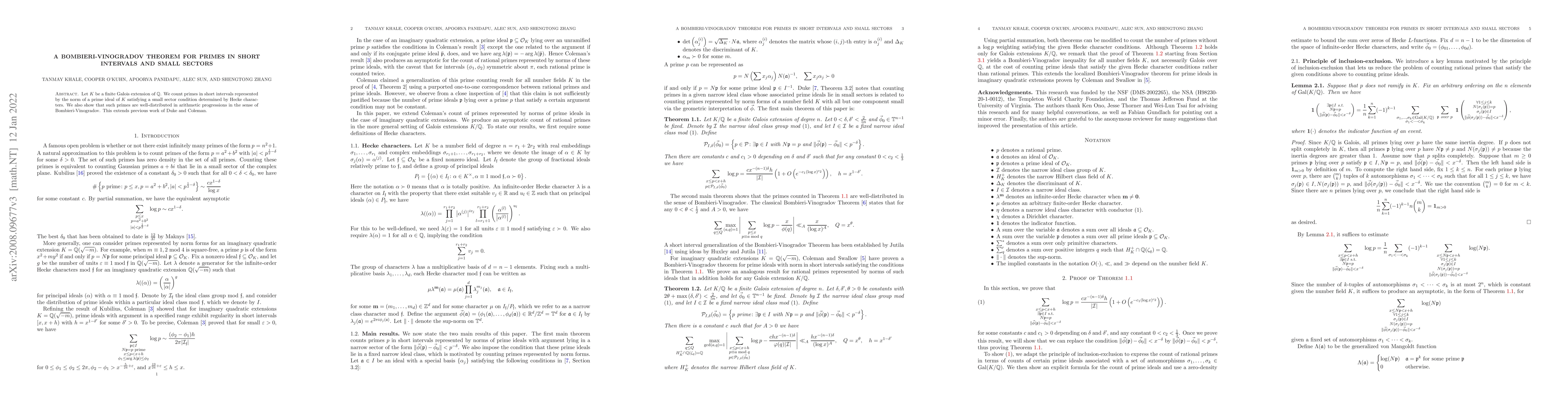 Thumbnail for A Bombieri-Vinogradov Theorem for primes in short intervals and small
  sectors