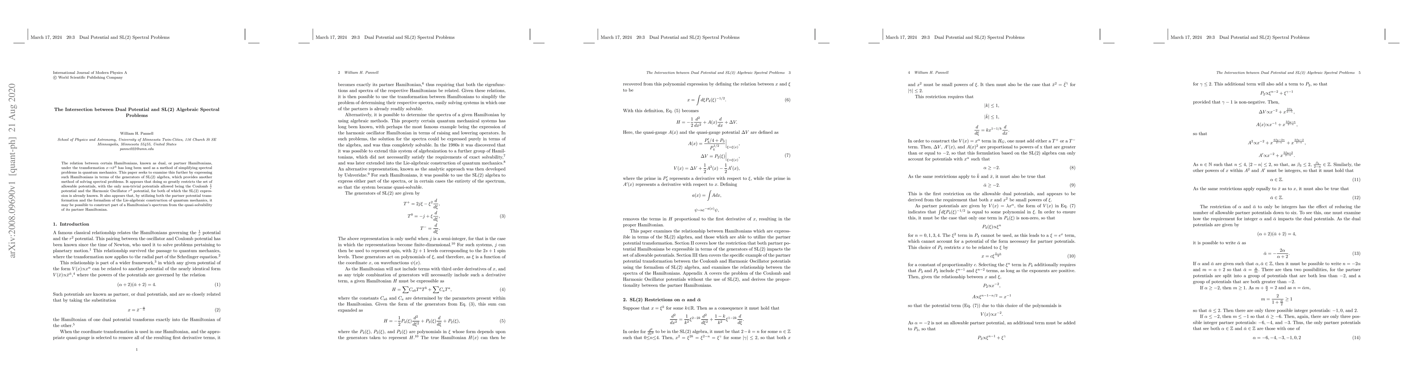 Thumbnail for The Intersection between Dual Potential and SL(2) Algebraic Spectral
  Problems