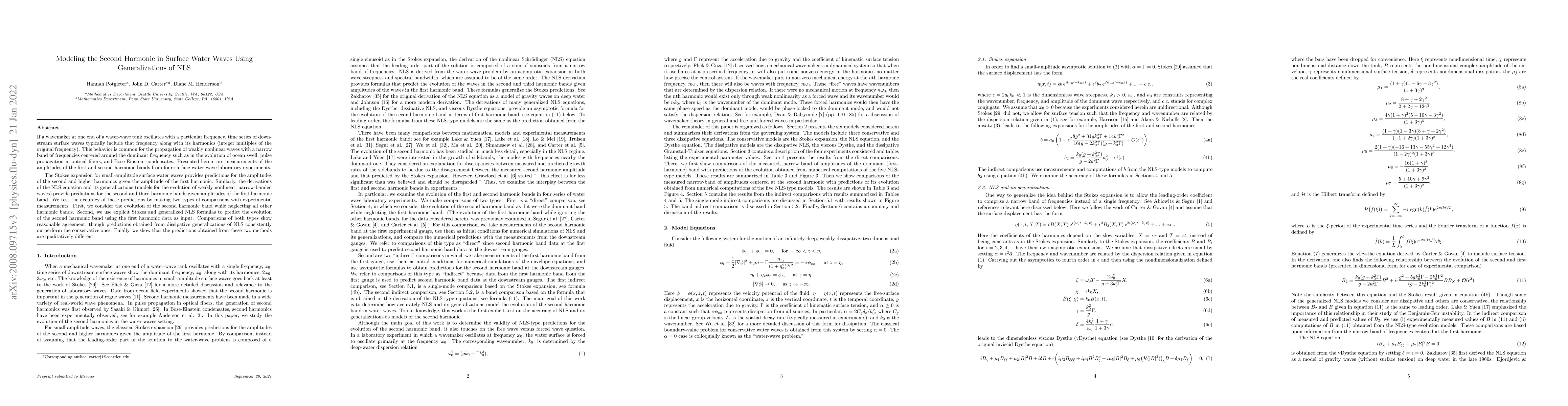Thumbnail for Modeling the Second Harmonic in Surface Water Waves Using
  Generalizations of NLS