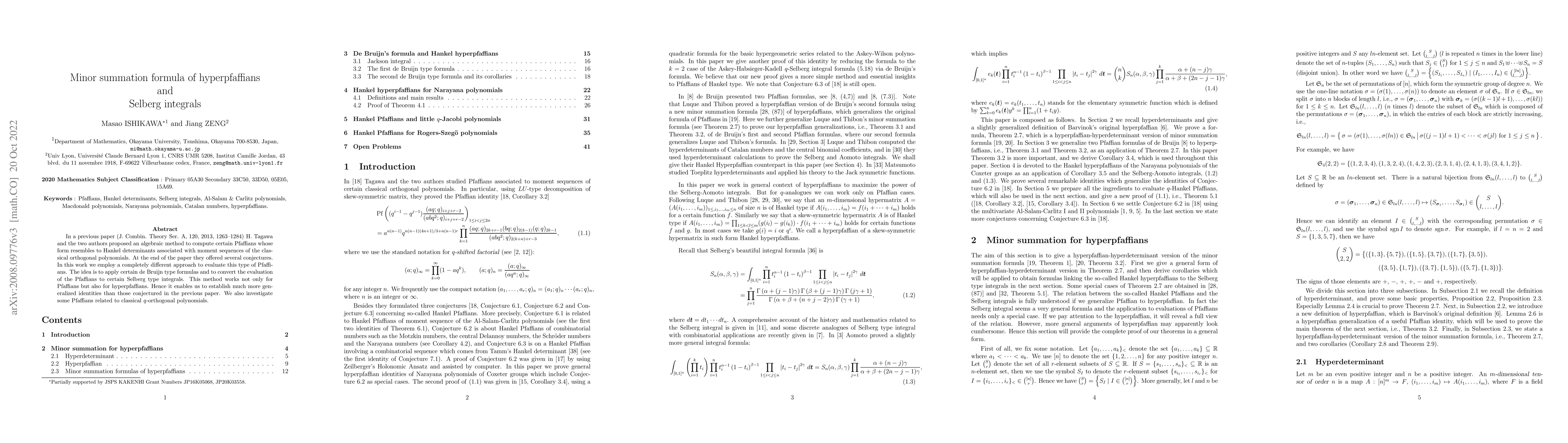 Thumbnail for Minor summation formula of hyperpfaffians and Selberg integrals