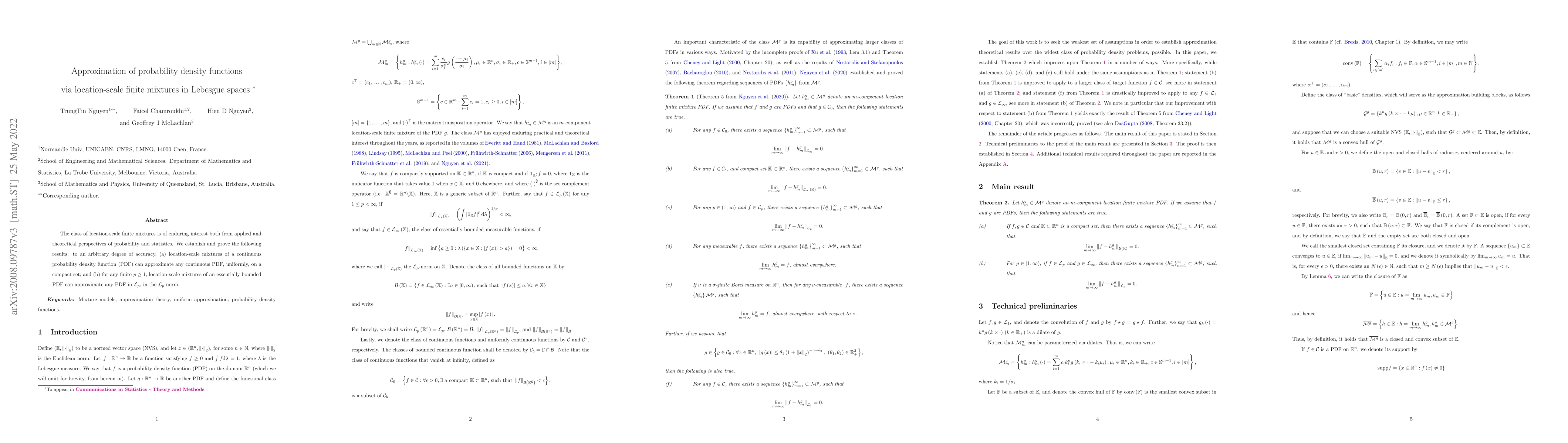Thumbnail for Approximation of probability density functions via location-scale finite
  mixtures in Lebesgue spaces