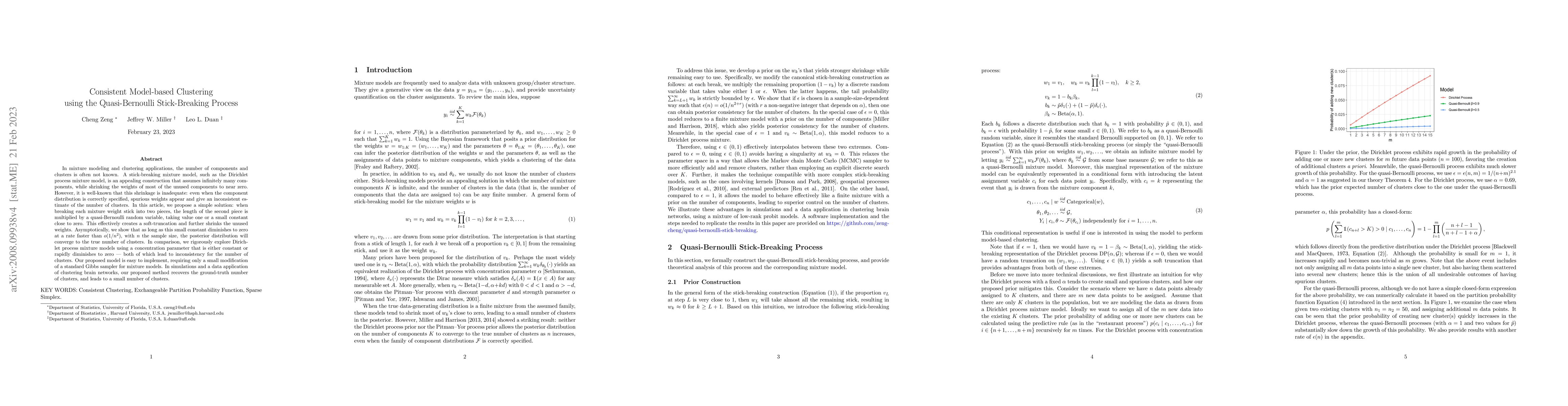 Thumbnail for Consistent Model-based Clustering: using the Quasi-Bernoulli
  Stick-Breaking Process