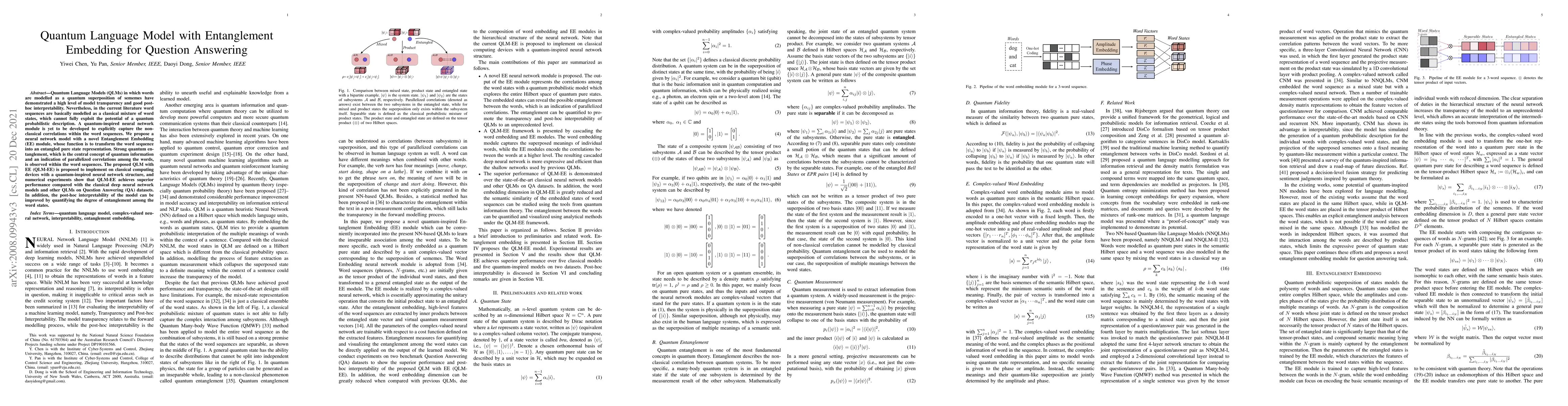 Thumbnail for Quantum Language Model with Entanglement Embedding for Question
  Answering