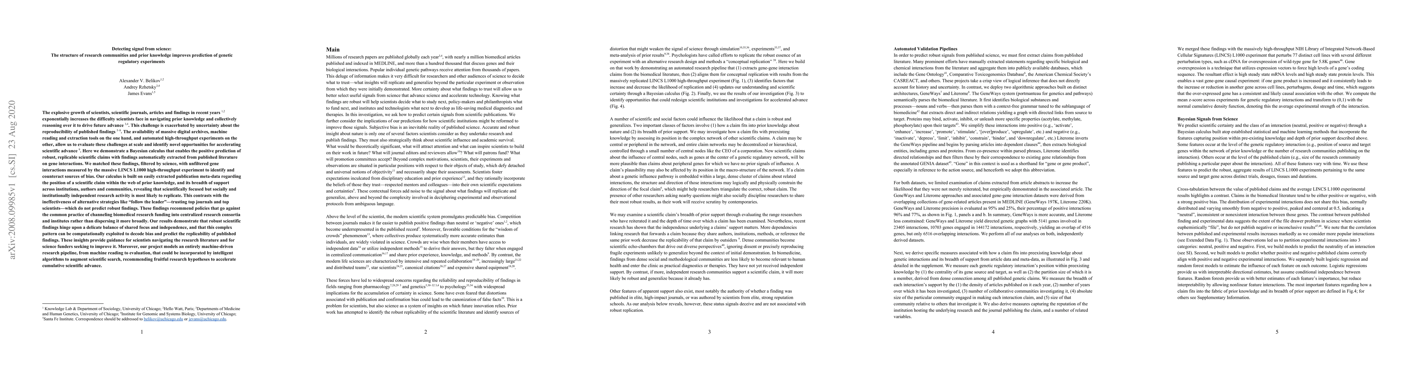 Thumbnail for Detecting signal from science:The structure of research communities and
  prior knowledge improves prediction of genetic regulatory experiments