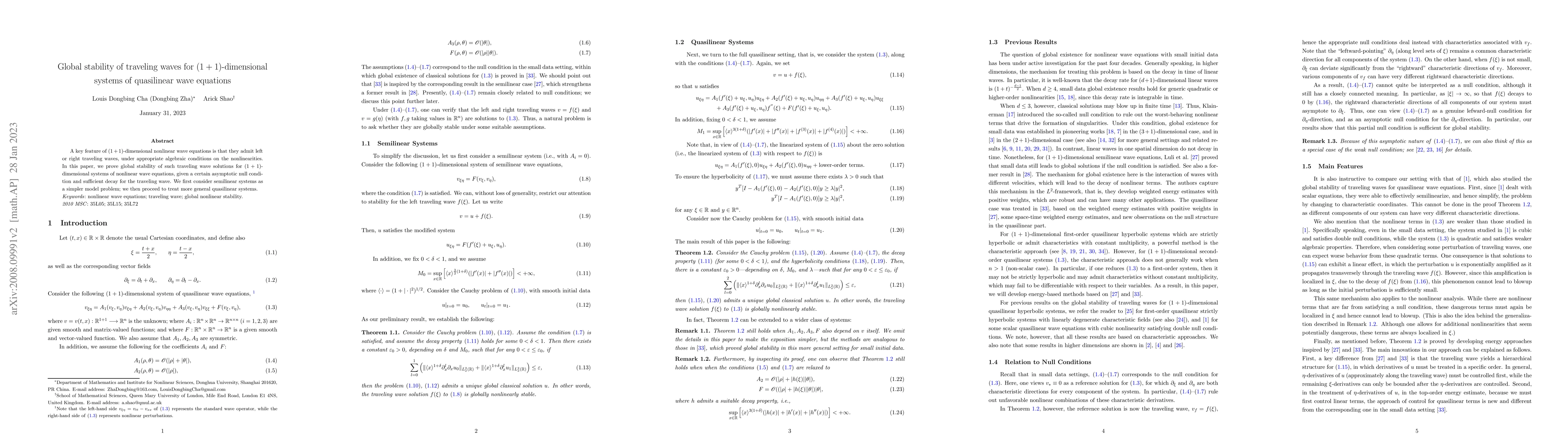Thumbnail for Global stability of traveling waves for $(1+1)$-dimensional systems of
  quasilinear wave equations