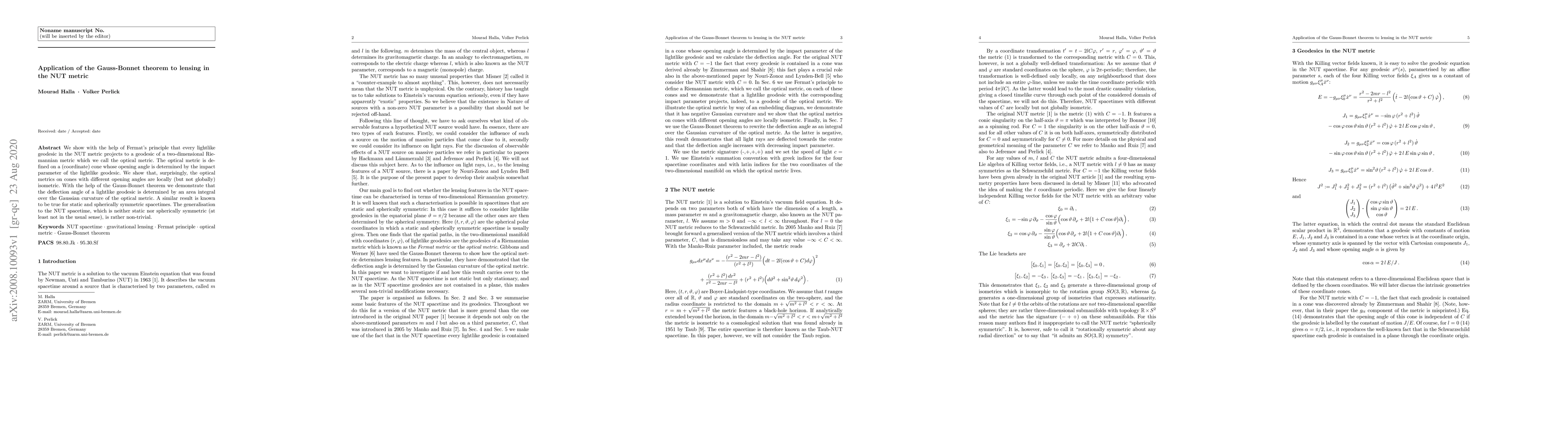 Thumbnail for Application of the Gauss-Bonnet theorem to lensing in the NUT metric