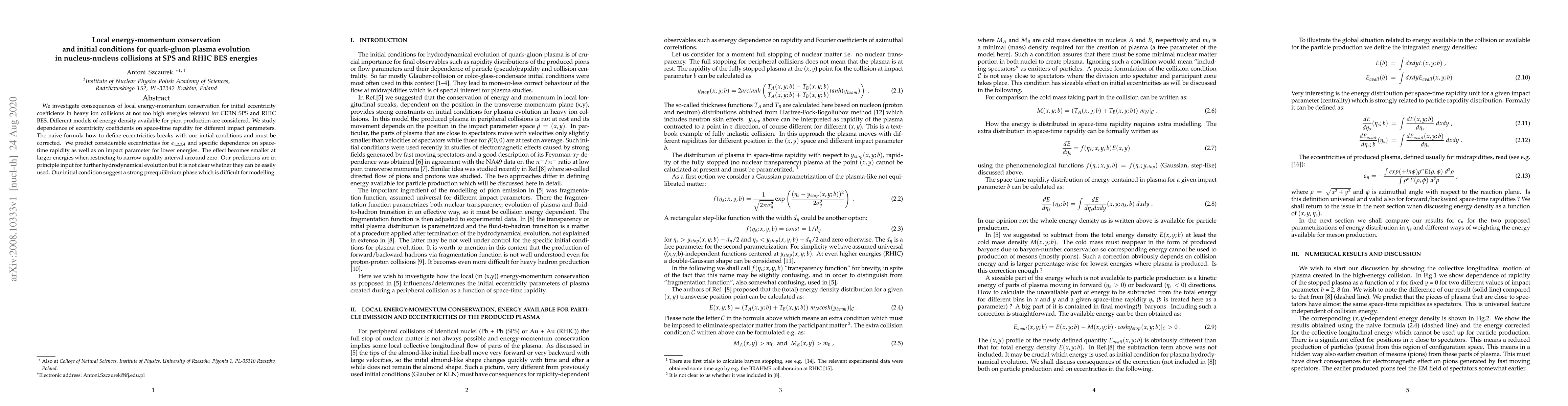 Thumbnail for Local energy-momentum conservation and initial conditions for
  quark-gluon plasma evolution in nucleus-nucleus collisions at SPS and RHIC
  BES energies