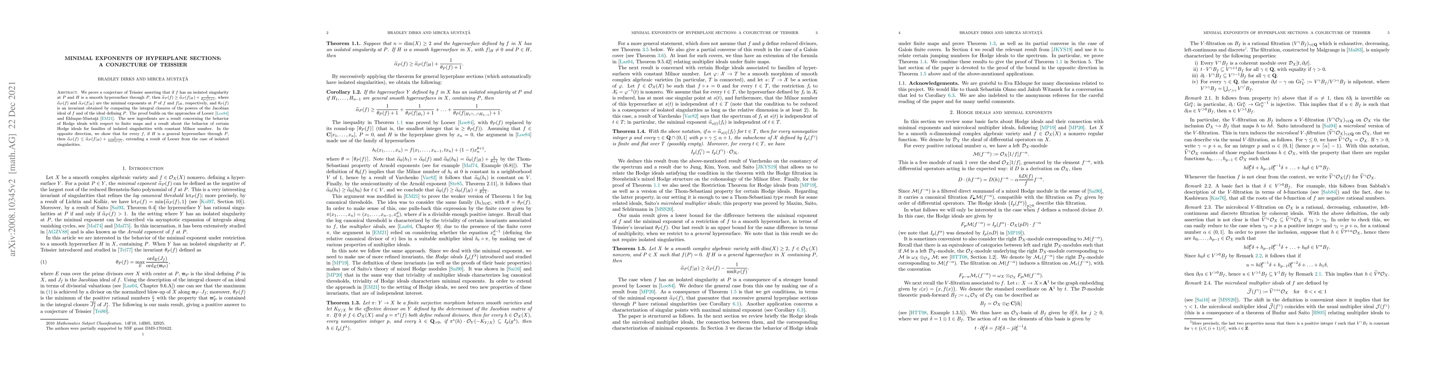 Thumbnail for Minimal exponents of hyperplane sections: a conjecture of Teissier