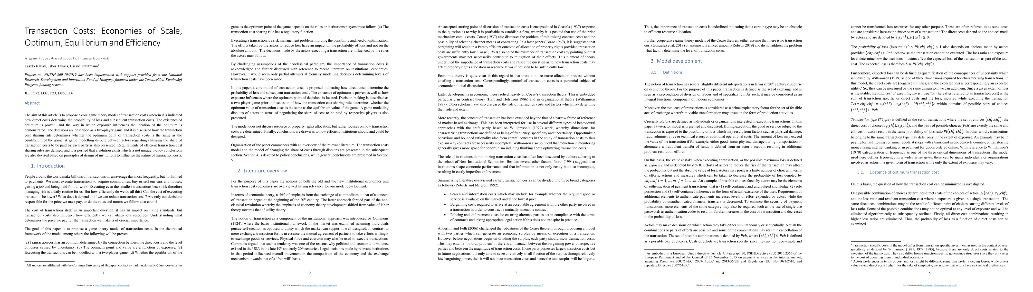 Thumbnail for Transaction Costs: Economies of Scale, Optimum, Equilibrium and
  Efficiency