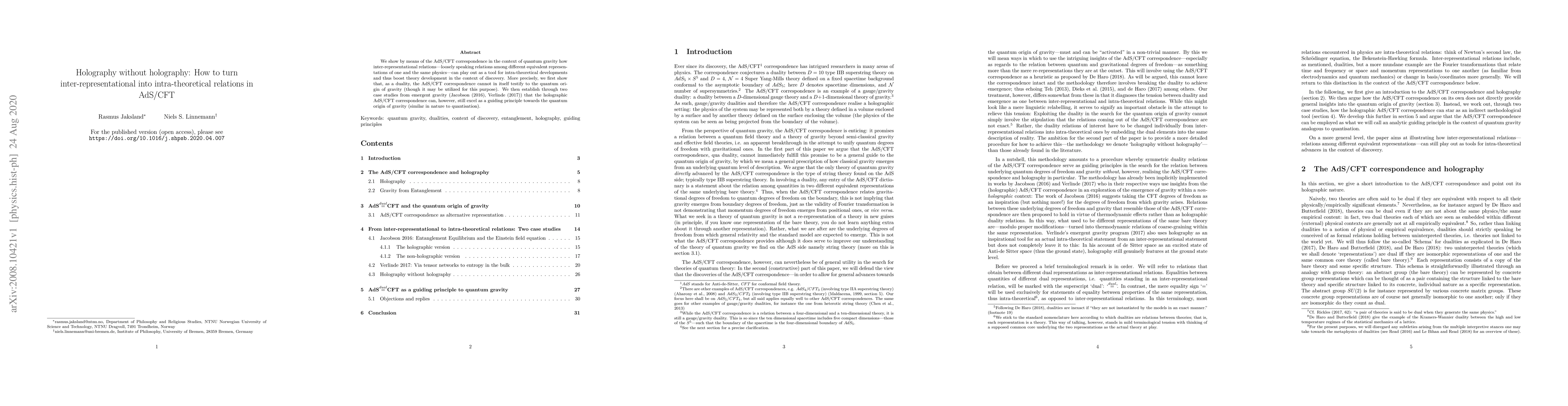 Thumbnail for Holography without holography: How to turn inter-representational into
  intra-theoretical relations in AdS/CFT