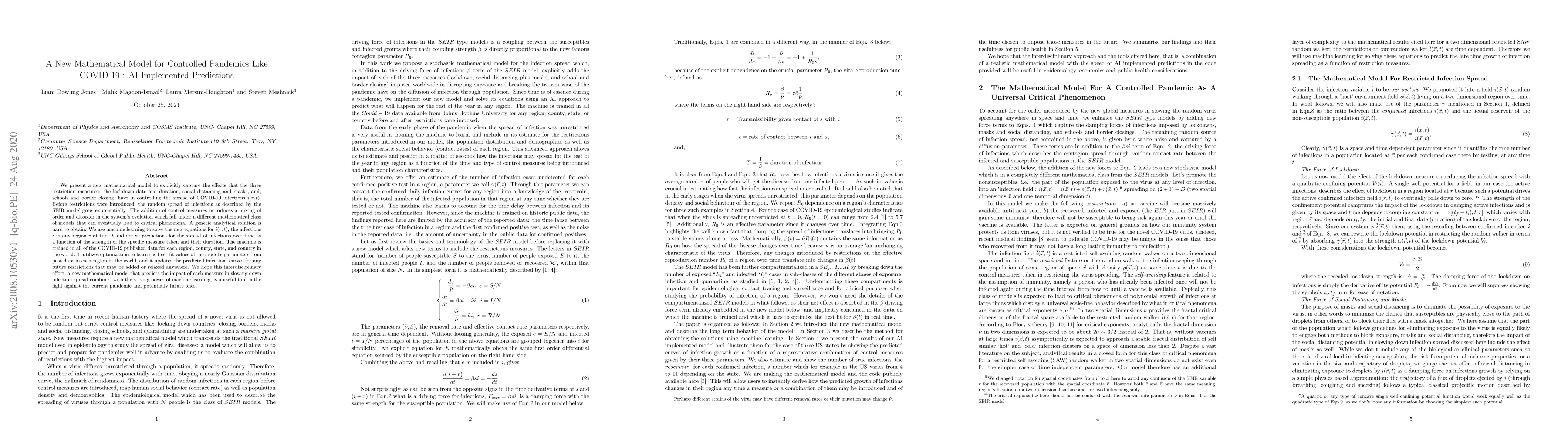 Thumbnail for A New Mathematical Model for Controlled Pandemics Like COVID-19 : AI
  Implemented Predictions