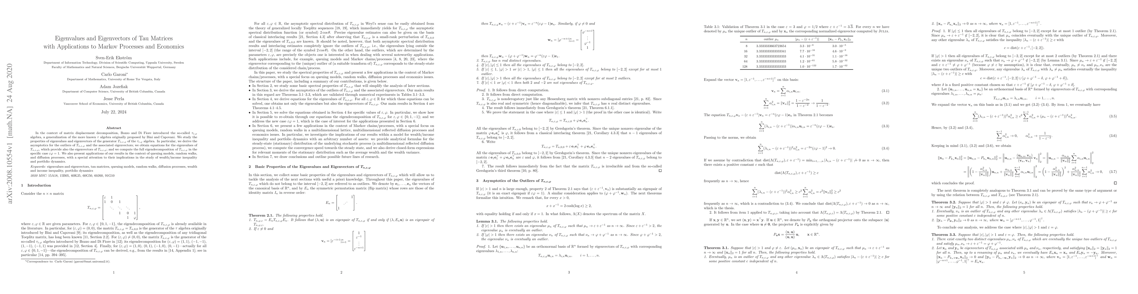 Thumbnail for Eigenvalues and Eigenvectors of Tau Matrices with Applications to Markov
  Processes and Economics