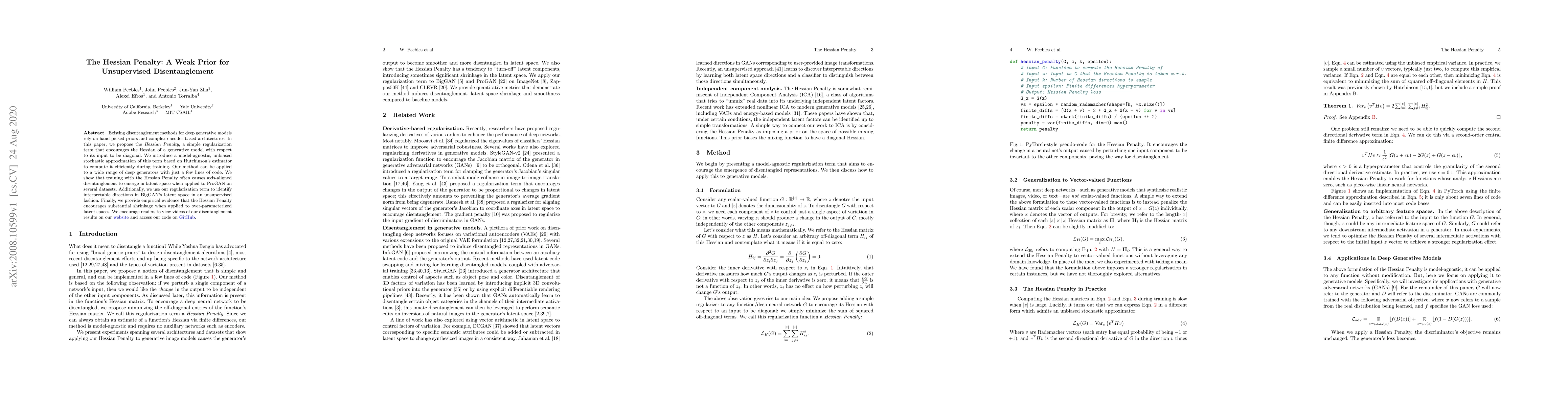 Thumbnail for The Hessian Penalty: A Weak Prior for Unsupervised Disentanglement