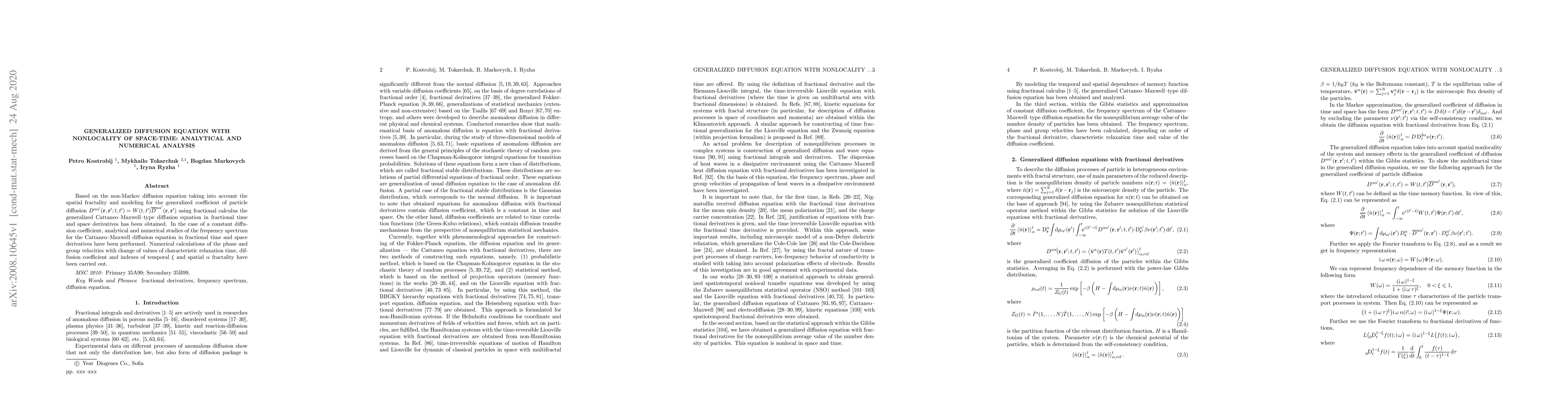 Thumbnail for Generalized diffusion equation with nonlocality of space-time:
  analytical and numerical analysis
