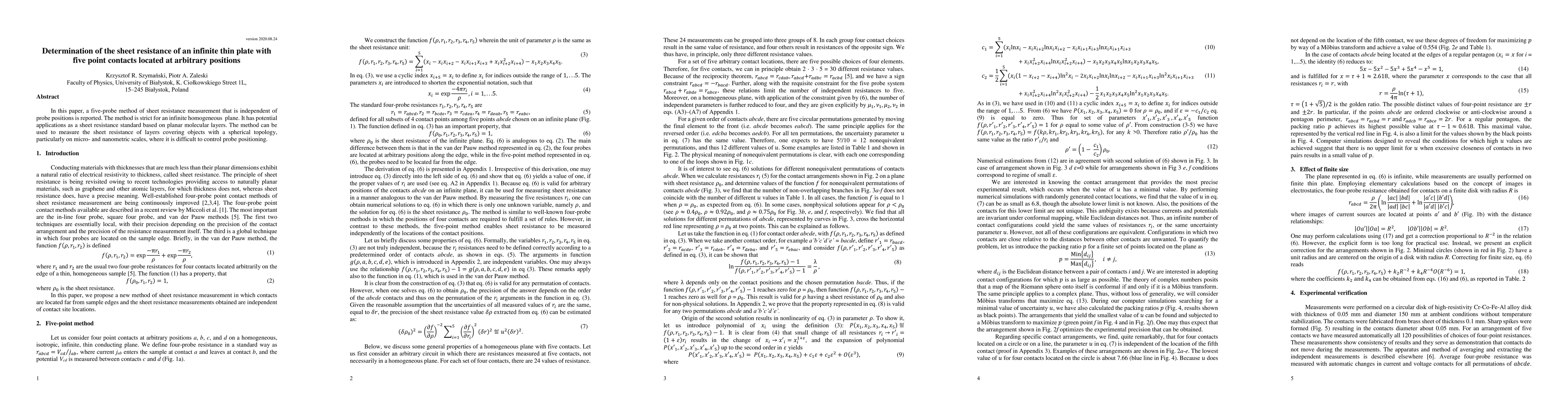 Thumbnail for Determination of the sheet resistance of an infinite thin plate with
  five point contacts located at arbitrary positions