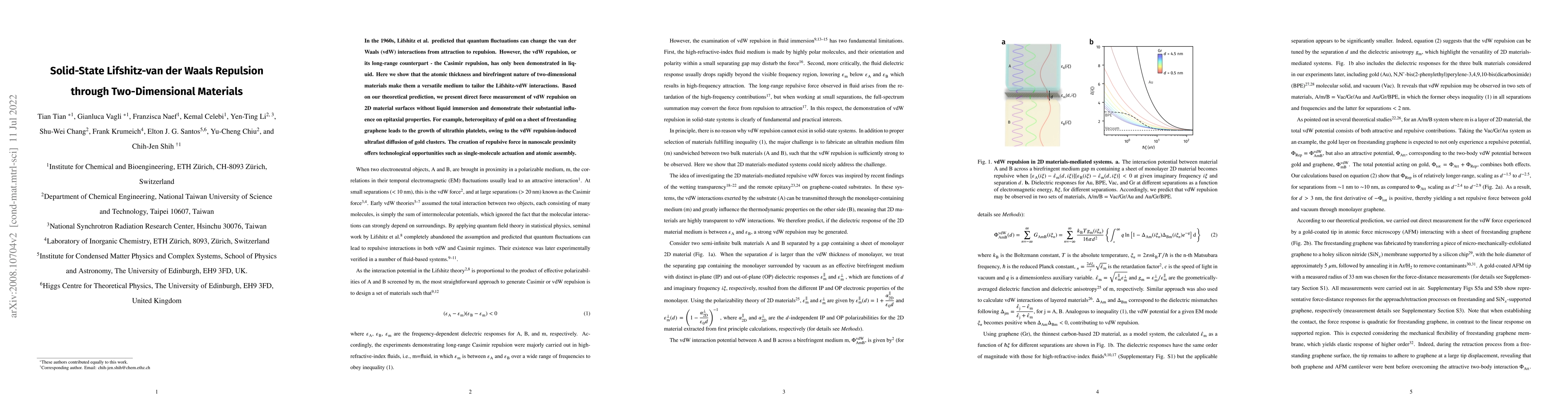 Thumbnail for Solid-State Lifshitz-van der Waals Repulsion through Two-Dimensional
  Materials