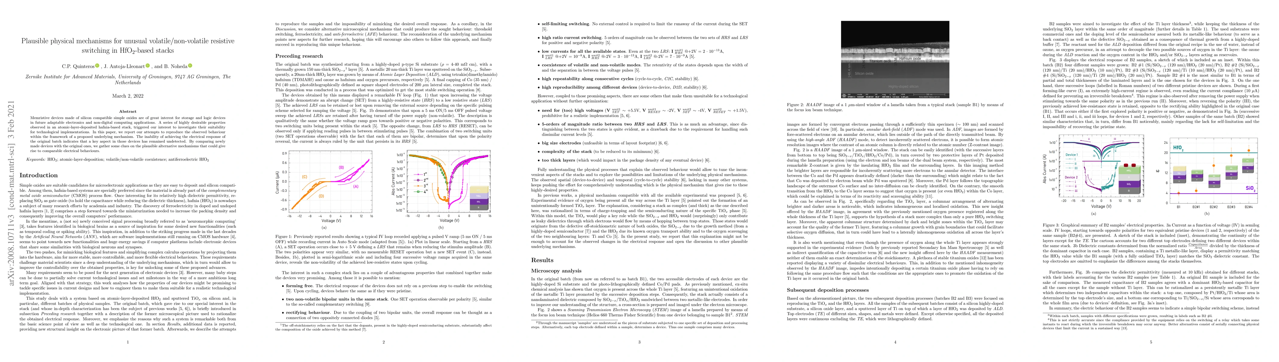 Thumbnail for Plausible physical mechanisms for unusual volatile/non-volatile
  resistive switching in HfO2-based stacks