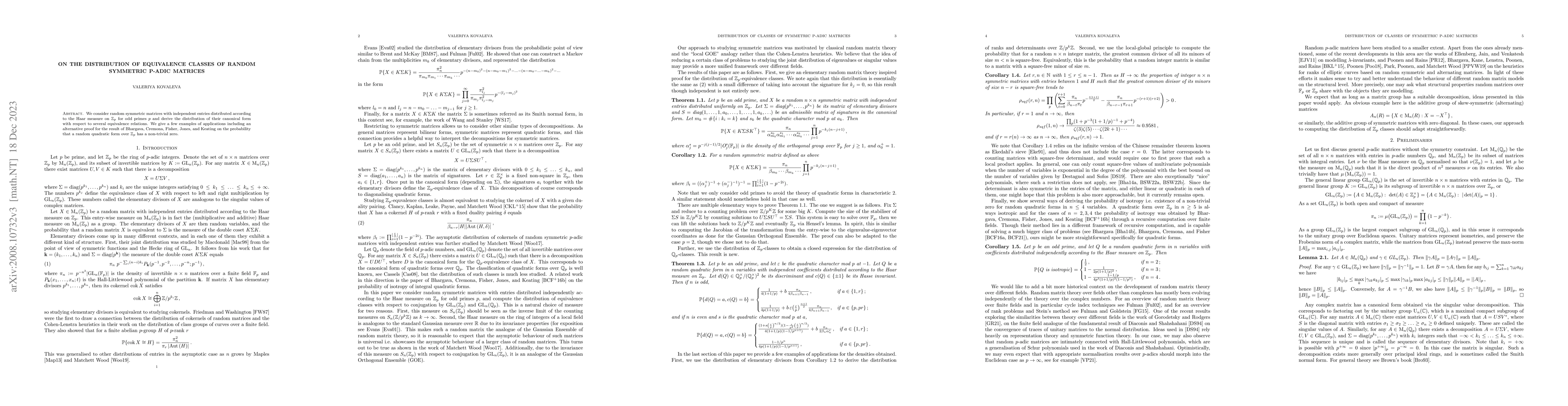 Thumbnail for On the distribution of equivalence classes of random symmetric p-adic
  matrices